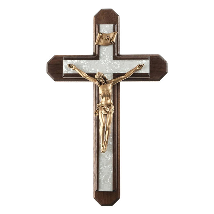 13" H Walnut with Pearlized Inlay Sick Call Crucifix Set