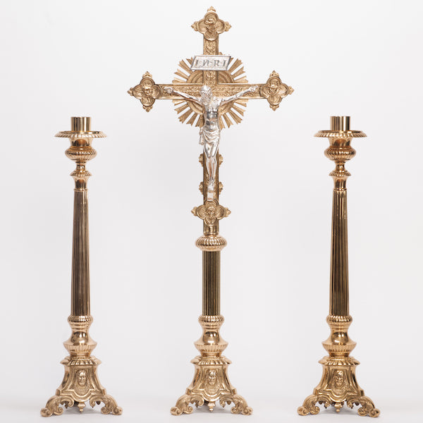 Traditional Holy Family Brass Crucifix and Candlesticks Altar Set