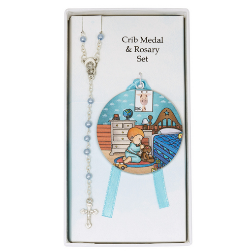 3D Praying Boy Crib Medal With Blue Rosary