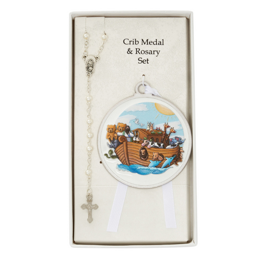 3D White Enamel Noah’s Ark Crib Medal With Pearl Rosary