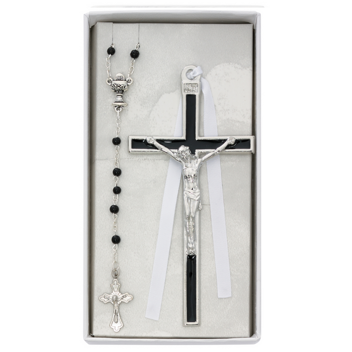 5" Black Enamel Communion Crucifix with Rosary