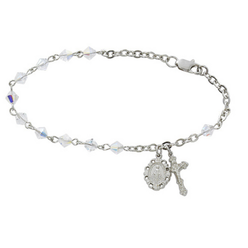 5mm Crystal Miraculous Medal Rhodium Rosary Bracelet