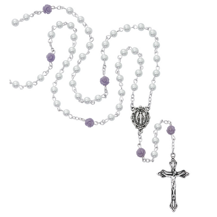 5mm White Pearls Beads and 6mm Purple Flower Our Father Beads with Miraculous Medal Communion Rosary