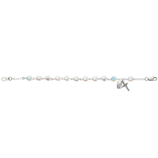 6.5" L Sterling Silver Crystal Heart Miraculous Medal Communion Bracelet