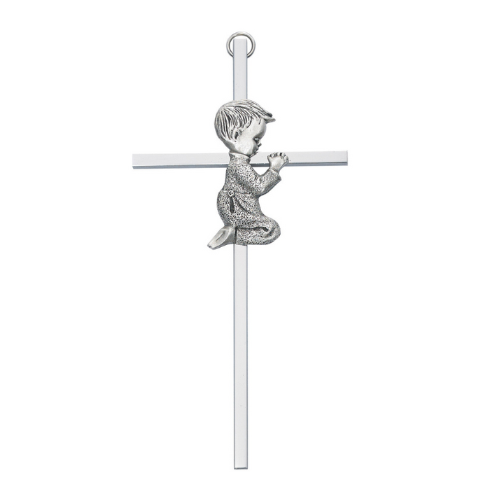 6" Aluminum Cross Ant Silver Praying Boy with Gift Box