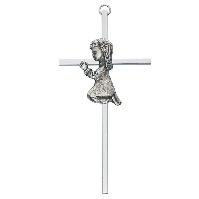 6" Aluminum Cross Ant Silver Praying Girl with Gift Box