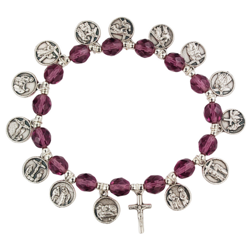 8mm Purple Glass Beads Bracelet with Silver Ox Stations of the Cross Medals