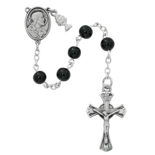 6mm Black Glass Sacred Heart Communion Rosary