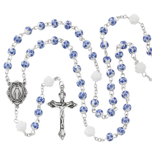 6mm Blue Flower Ceramic Miraculous Medal Communion Rosary