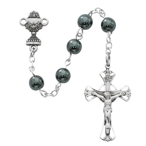 6mm Genuine Hematite Beads and Rhodium Communion Rosary