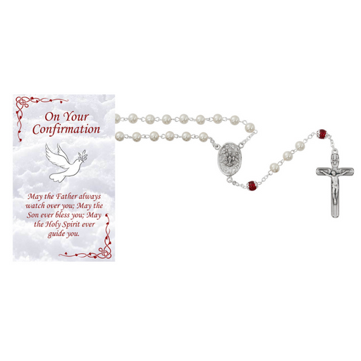 6mm Pearl Beads Holy Spirit Rosary with Confirmation Prayer Card