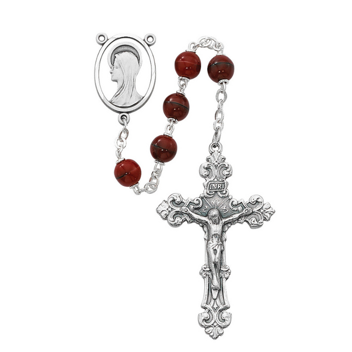 7mm Red/Black Glass Beads With Silver Ox Crucifix and Center