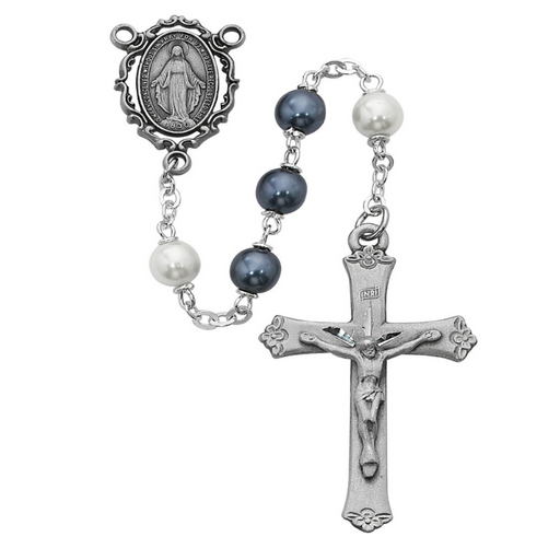 7mm White and Blue Pearl Bead Rosary with Miraculous Center