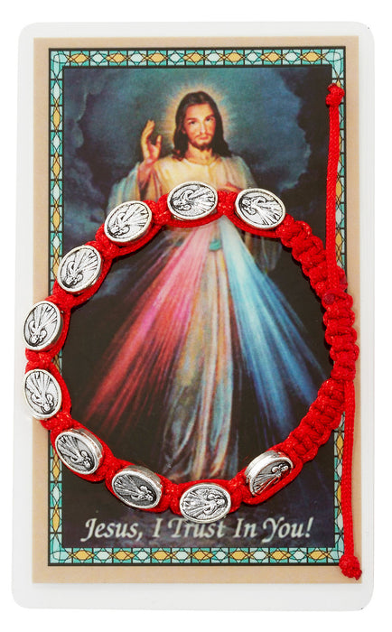 Adjustable Red Corded Divine Mercy Bracelet With Laminated Divine Mercy Holy Card