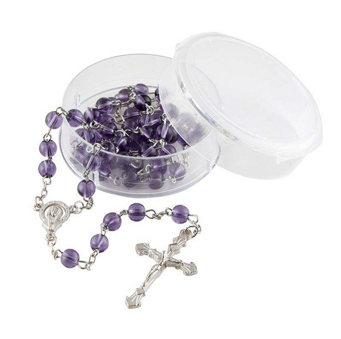 Amethyst Glass Bead Rosary with Madonna Centerpiece - 12 Pieces Per Package