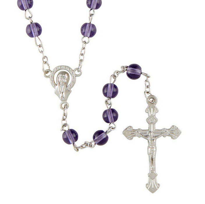 Amethyst Glass Bead Rosary with Madonna Centerpiece - 12 Pieces Per Package