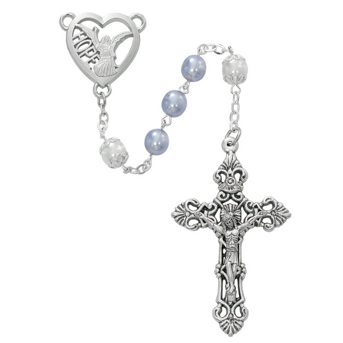 Angel of Hope Rosary made with a lavander beads and a double capped our father beads features a heart shaped angel of hope center made from rhodium plated pewter and an accented crucifix made from oxidized silver a perfect gift to your mother sister parents family and friends for their birthdays or any occasion