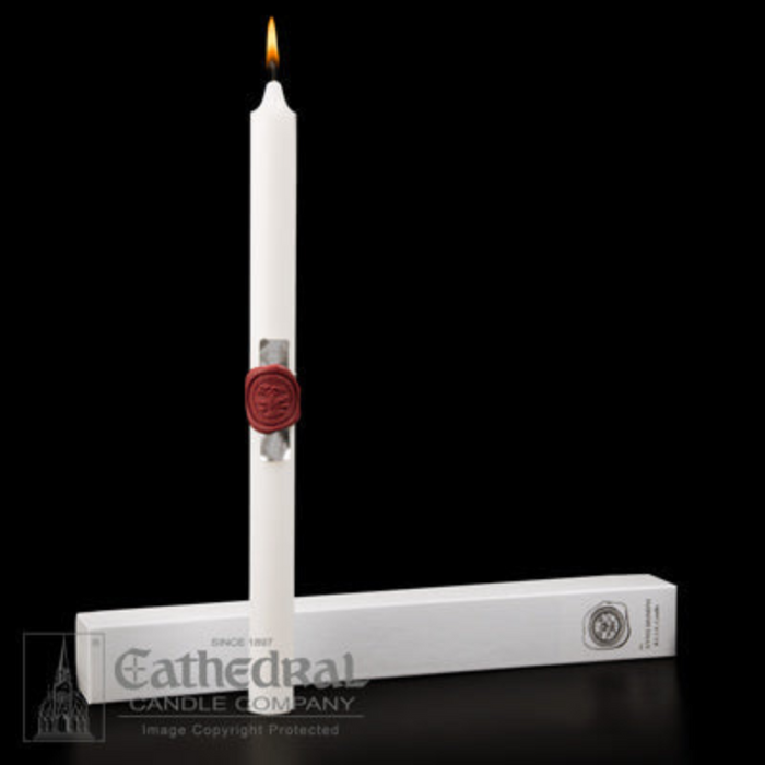 Anno Domini RCIA Candle with White Metal Stand