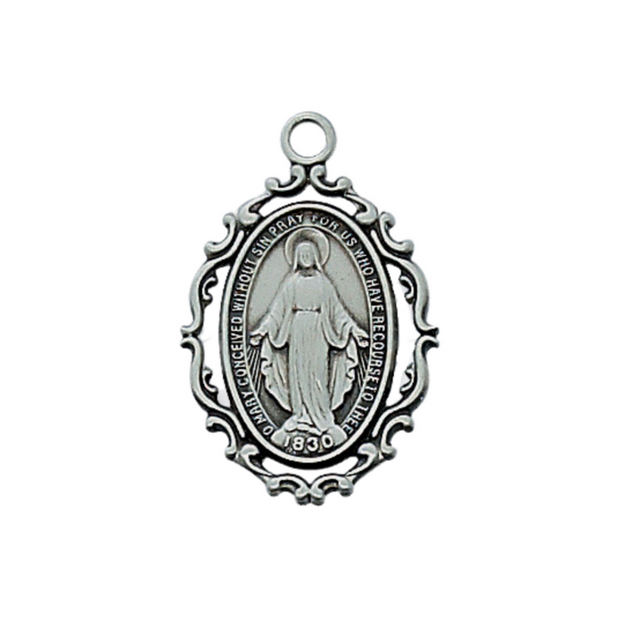 Antique Silver Embellished Oval Miraculous Medal w/ 18" Rhodium Plated Chain Holy Medals Holy Medal Necklace Medals for Protection Necklace for Protection