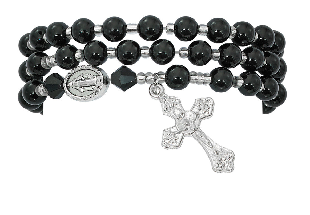 Pulsera envolvente de rosario completo giratorio con piedras preciosas de ágata negra