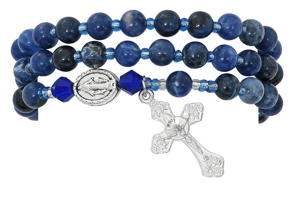 Pulsera envolvente de rosario completo giratorio con piedras preciosas de lapislázuli azul