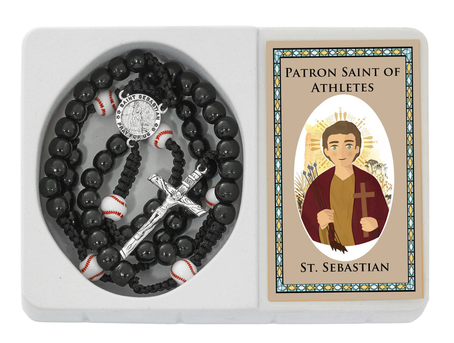 Baseball Gift Set - St. Christopher  Pewter Medal and Prayer Card Set, Black St. Sebastian Bracelet, St. Sebastian Rosary With Laminated Holy Card And Sterling Silver St. Christopher Medal