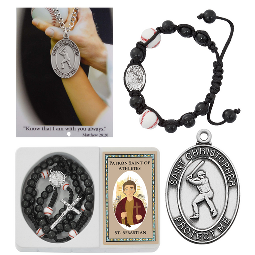 Baseball Gift Set - St. Christopher  Pewter Medal and Prayer Card Set, Black St. Sebastian Bracelet, St. Sebastian Rosary With Laminated Holy Card And Sterling Silver St. Christopher Medal