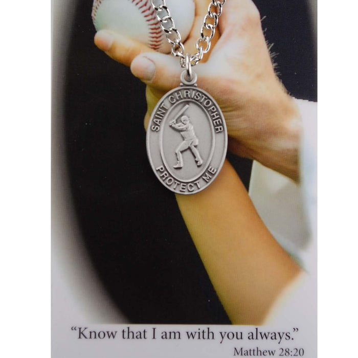 Baseball Gift Set - St. Christopher  Pewter Medal and Prayer Card Set, Black St. Sebastian Bracelet, St. Sebastian Rosary With Laminated Holy Card And Sterling Silver St. Christopher Medal