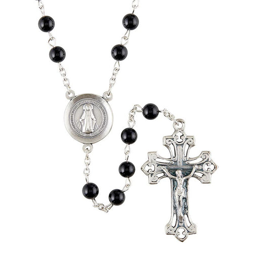 Black Onyx Men's Rosary With Miraculous Medal Medal Center