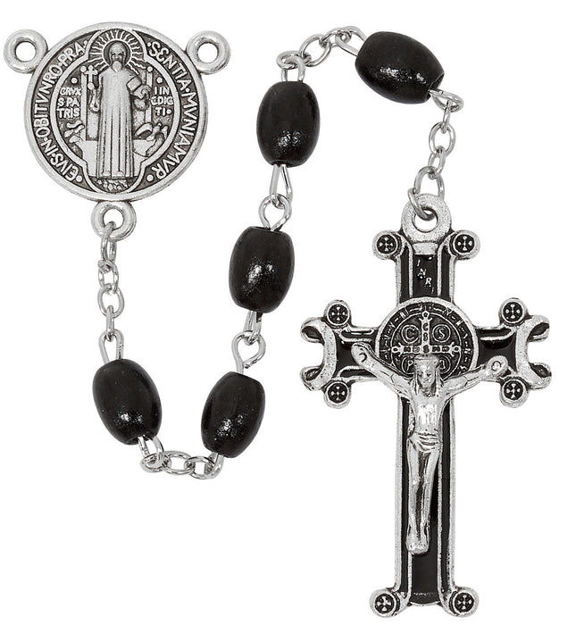 Black Wood Beads With Silver Ox Black Enameled St. Benedict Crucifix and Center Rosary