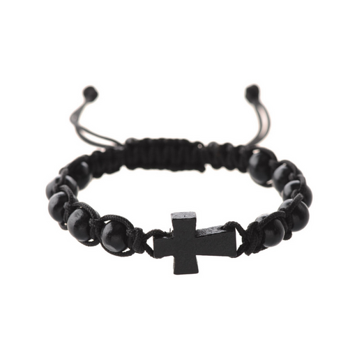 Black Wood Corded Bead Cross Bracelet - BEST SELLER