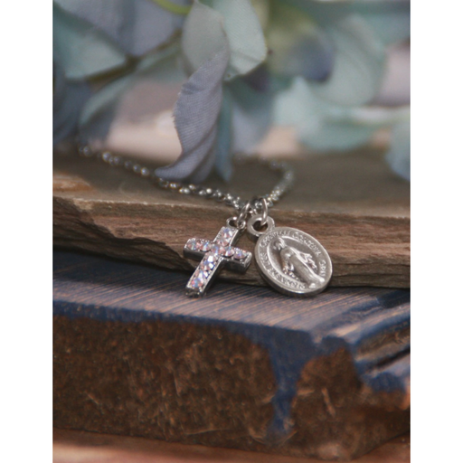 Blessed Virgin Mary Medal & Swarovski Cross Necklace