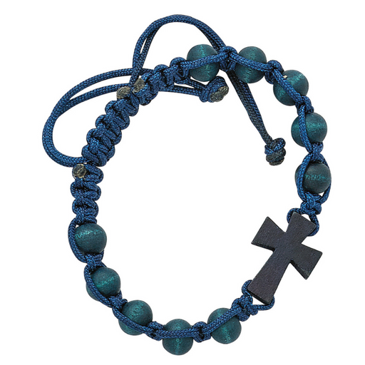 Blue Corded Wooden Cross Bracelet on a Card