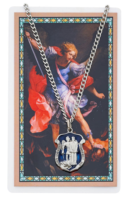 Blue Holy Medal with Holy Card, Auto Rosary and Blue Rosary - St. Michael Father's Day Gift Set