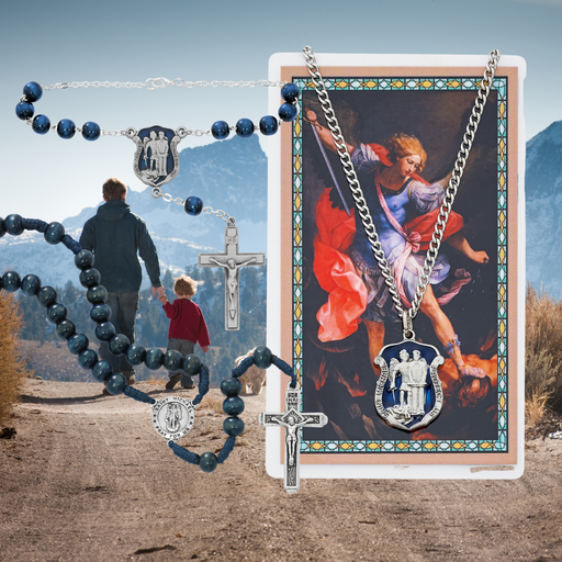 Blue Holy Medal with Holy Card, Auto Rosary and Blue Rosary - St. Michael Father's Day Gift Set