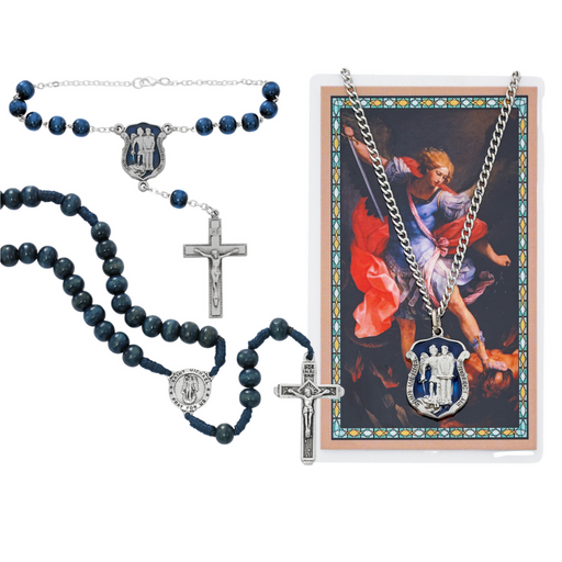 Blue Holy Medal with Holy Card, Auto Rosary and Blue Rosary - St. Michael Father's Day Gift Set