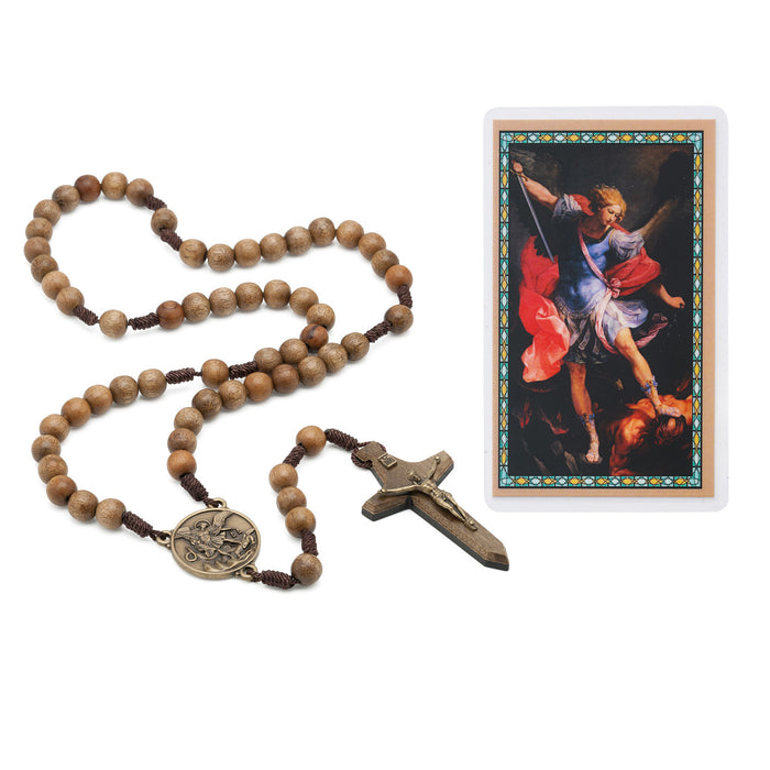 Brown Beads Sword Rosary, Leather Bracelet and Leather Rosary Case- St. Michael Father's Day Gift Set