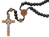 Copper Crucifix Necklace, 7mm Black Rosary And Brown Leather Adjustable - St. Benedict Father's Day Gift Set