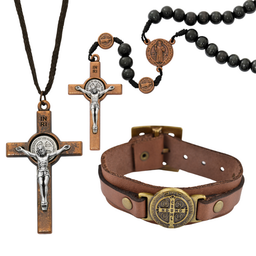 Copper Crucifix Necklace, 7mm Black Rosary And Brown Leather Adjustable - St. Benedict Father's Day Gift Set