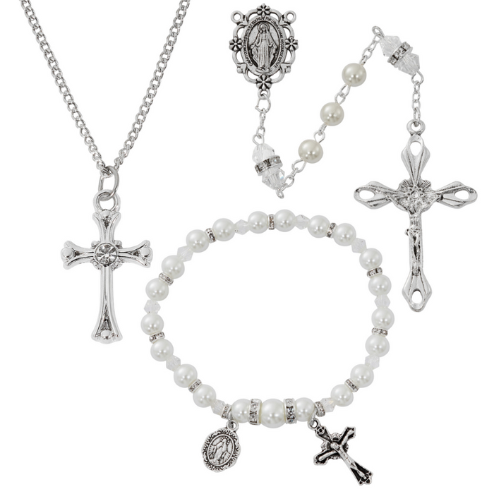 Cross Necklace, Pearl Rosary Bracelet And Pearl Rosary - April Birthstone Crystal Gift Set