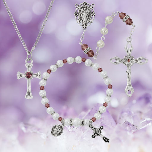 Cross Necklace, Pearl Rosary Bracelet And Pearl Rosary - February Birthstone Amethyst Gift Set