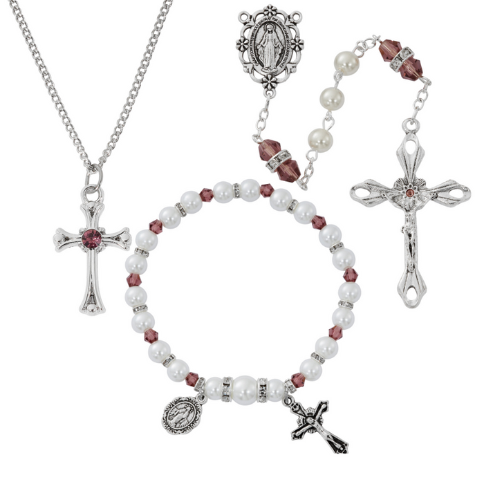 Cross Necklace, Pearl Rosary Bracelet And Pearl Rosary - February Birthstone Amethyst Gift Set