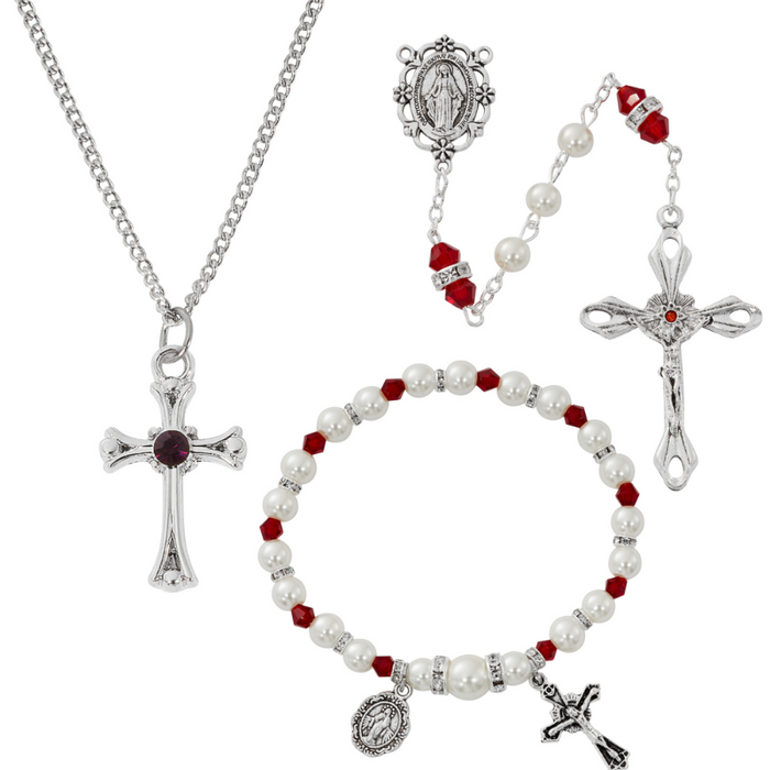 Cross Necklace, Pearl Rosary Bracelet And Pearl Rosary - January Birthstone Garnet Gift Set