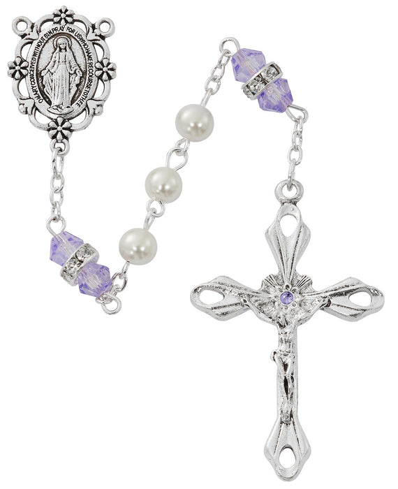 Cross Necklace, Pearl Rosary Bracelet And Pearl Rosary - June Birthstone Light Amethyst Gift Set