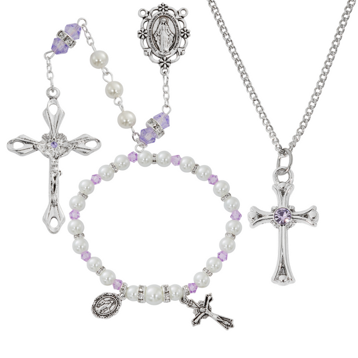 Cross Necklace, Pearl Rosary Bracelet And Pearl Rosary - June Birthstone Light Amethyst Gift Set