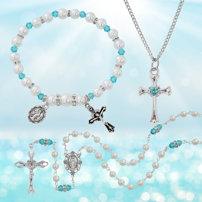 Cross Necklace, Pearl Rosary Bracelet And Pearl Rosary - March Birthstone Aqua Gift Set