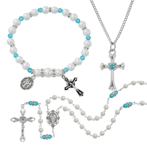 Cross Necklace, Pearl Rosary Bracelet And Pearl Rosary - March Birthstone Aqua Gift Set