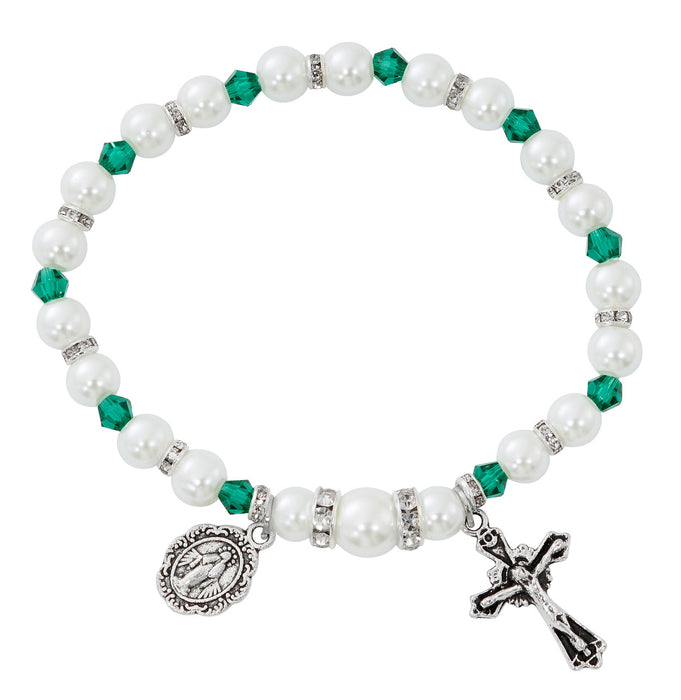 Cross Necklace, Pearl Rosary Bracelet And Pearl Rosary - May Birthstone Emerald Gift Set