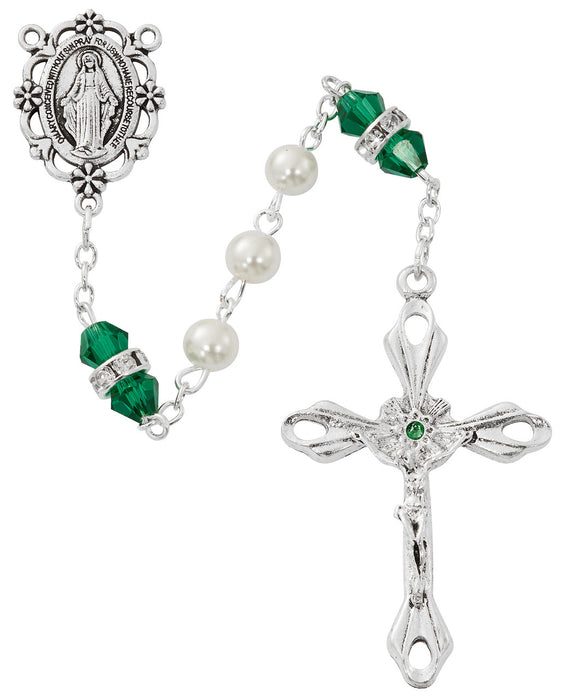 Cross Necklace, Pearl Rosary Bracelet And Pearl Rosary - May Birthstone Emerald Gift Set