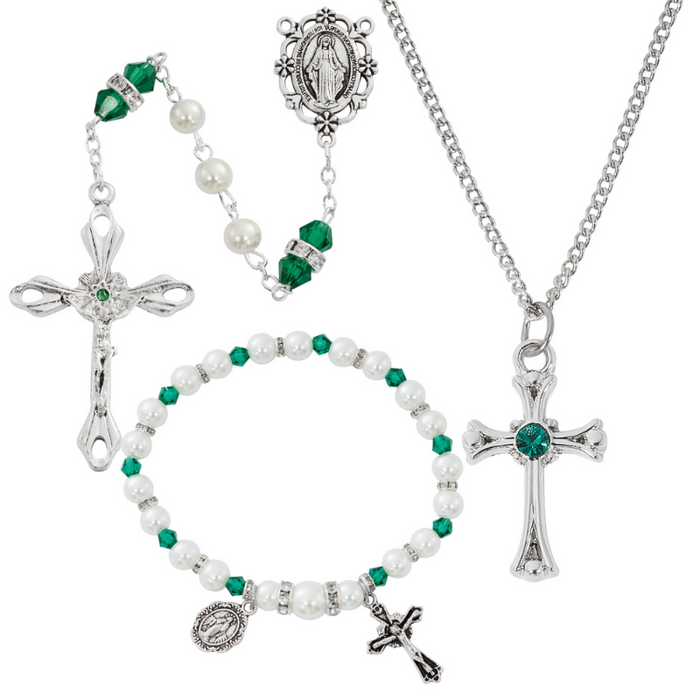 Cross Necklace, Pearl Rosary Bracelet And Pearl Rosary - May Birthstone Emerald Gift Set